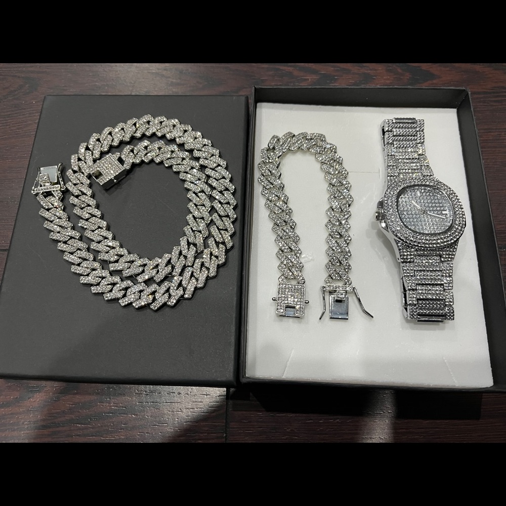 Mens Diamond Watch Chain Bracelet Cuban Link Set Jewellery Iced Out Bussdown